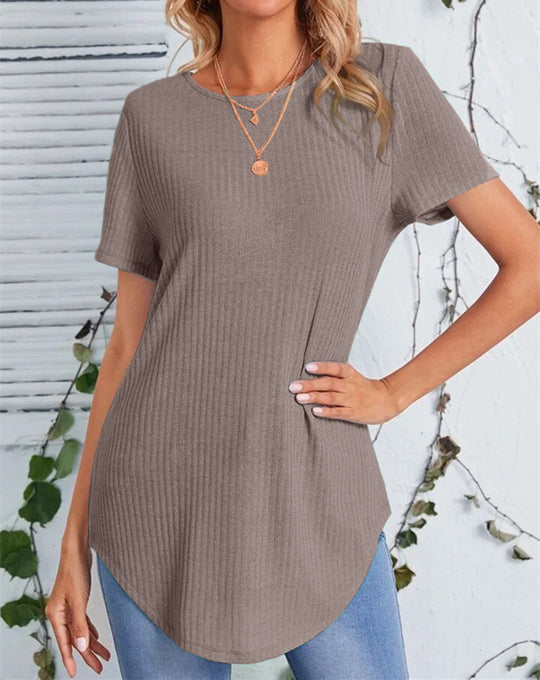 Damen lässiges Strickoberteil mit verlängertem Schnitt und Rundhalsausschnitt EB