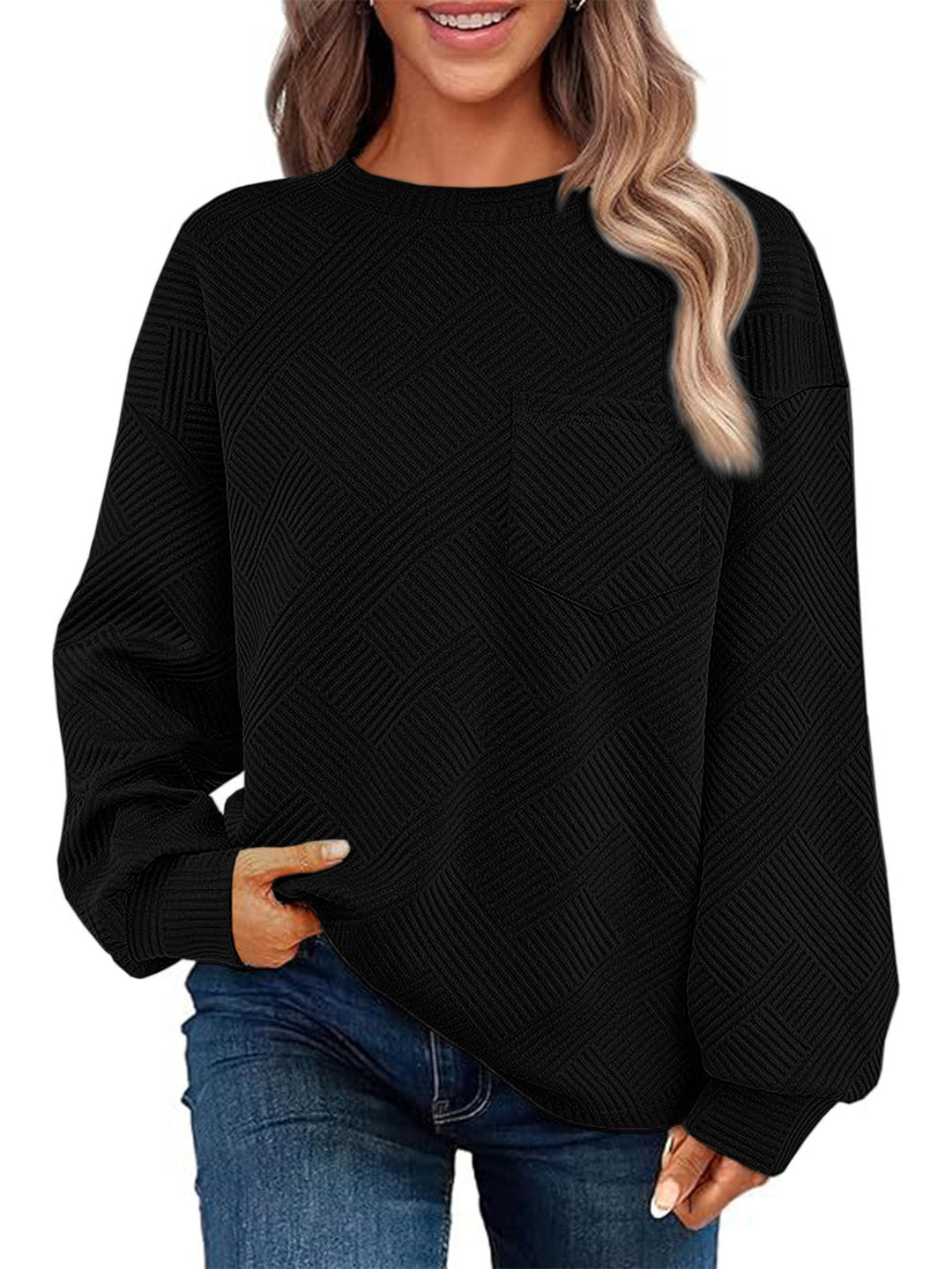 Damen Lässiger Pullover mit strukturiertem Muster und praktischen Taschen EB