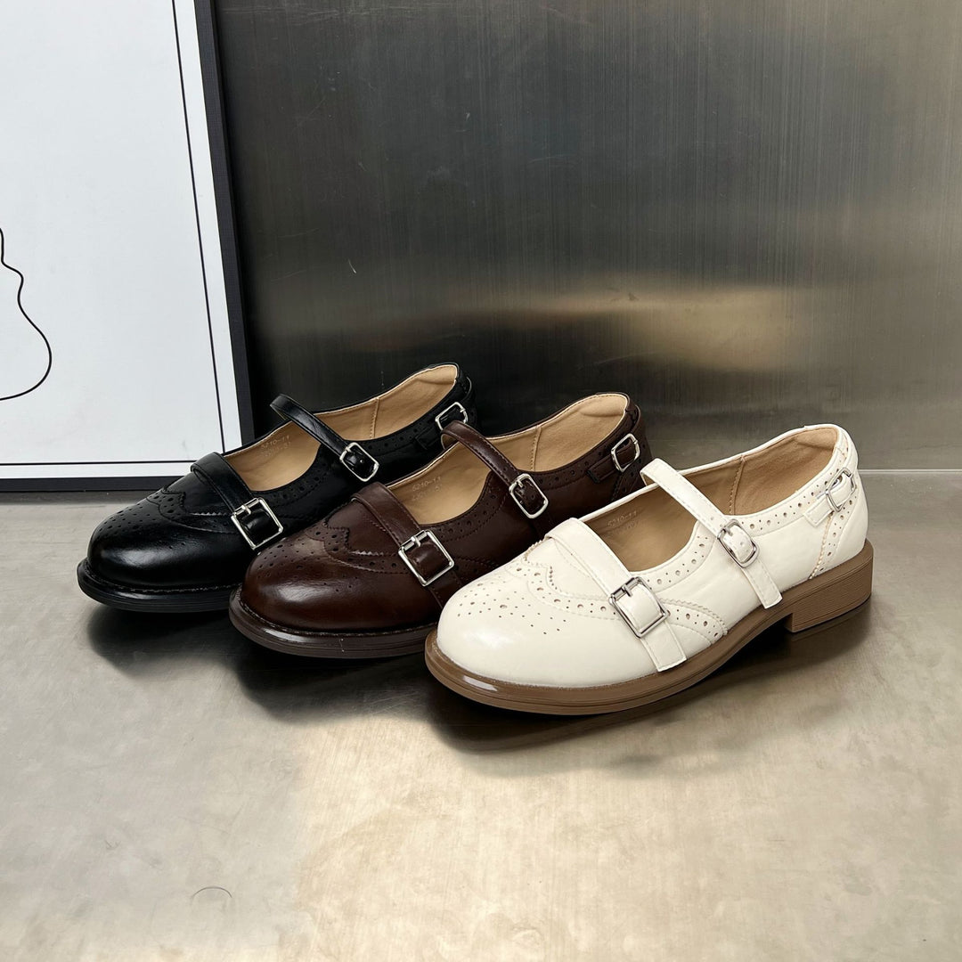 Damen elegante Ballerinas mit doppeltem Riemenverschluss und dekorativem Lochmuster EB
