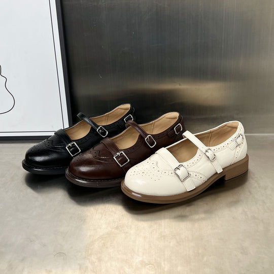 Damen elegante Ballerinas mit doppeltem Riemenverschluss und dekorativem Lochmuster EB