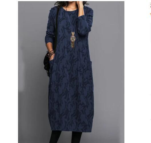 Damen Casual Kleid mit modernen Blätter-Druck und praktischen Taschen Heidi-Mode