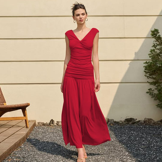 Damen Fließendes Maxikleid mit Raffungen und V-Ausschnitt EB