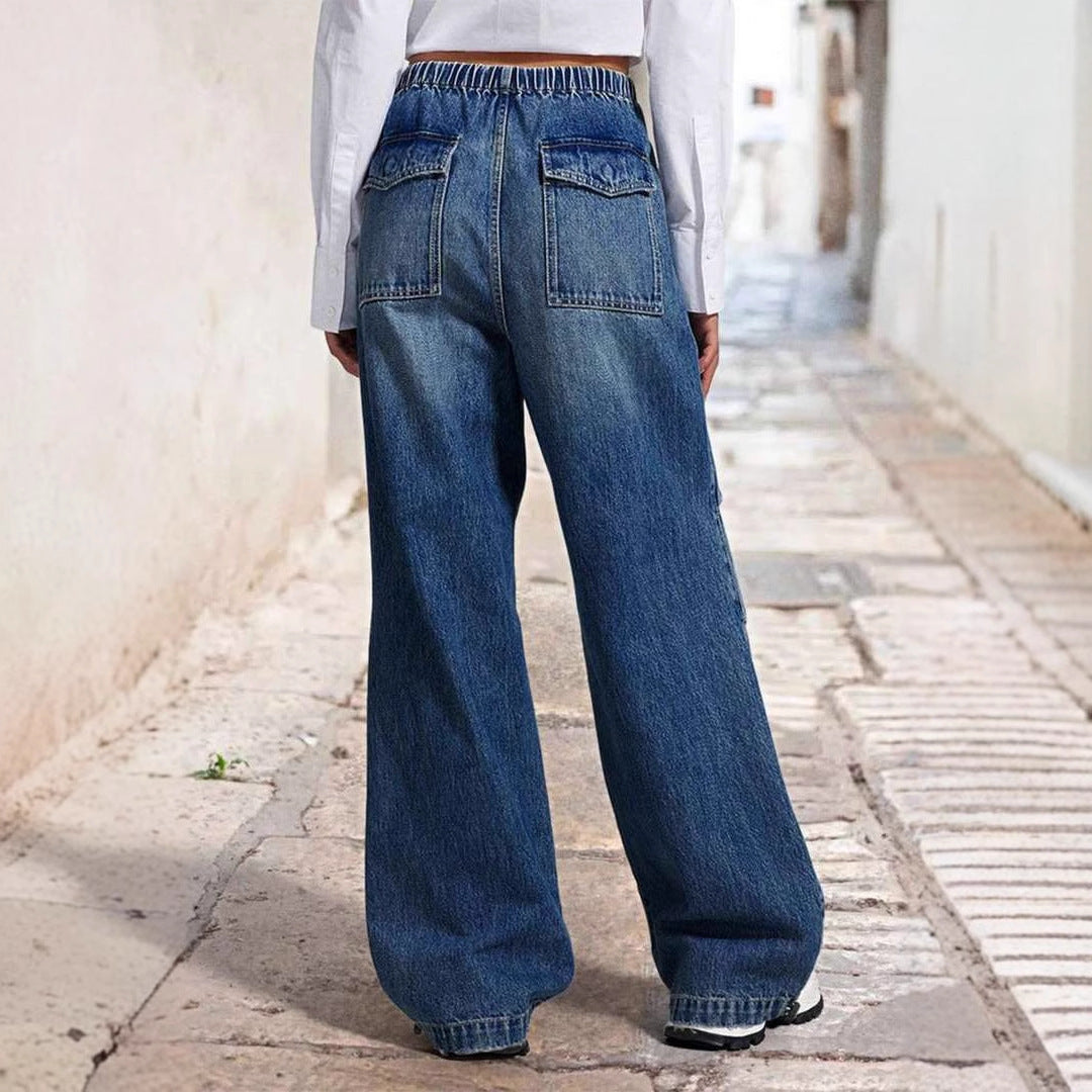 Damen Weite Denim-Hose mit elastischem Bund und hohen Taschen EB