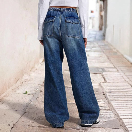 Damen Weite Denim-Hose mit elastischem Bund und hohen Taschen EB