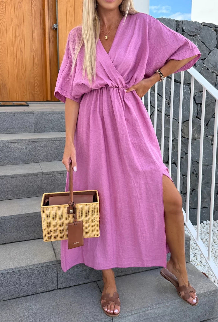 Damen lässiges Maxi-Kleid mit tiefem V-Ausschnitt und elastischem Taillenbund EB