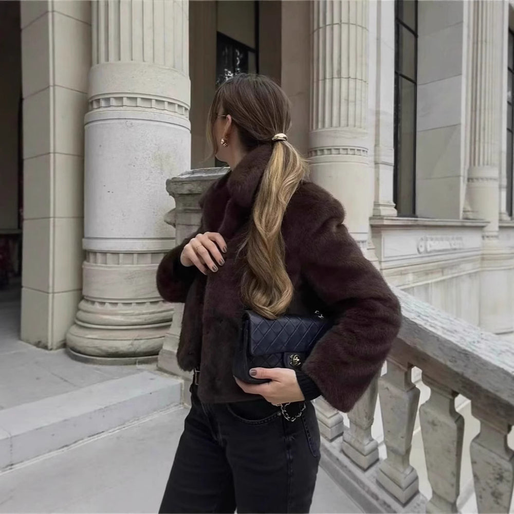 Damen Flauschige Kunstfelljacke mit elegantem Kragen und offenem Schnitt EB
