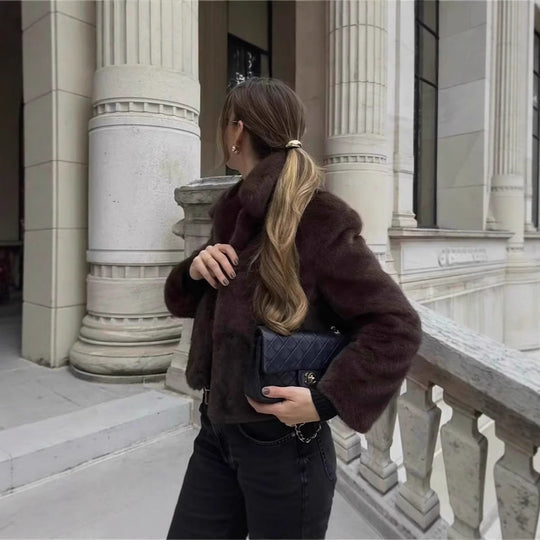 Damen Flauschige Kunstfelljacke mit elegantem Kragen und offenem Schnitt EB