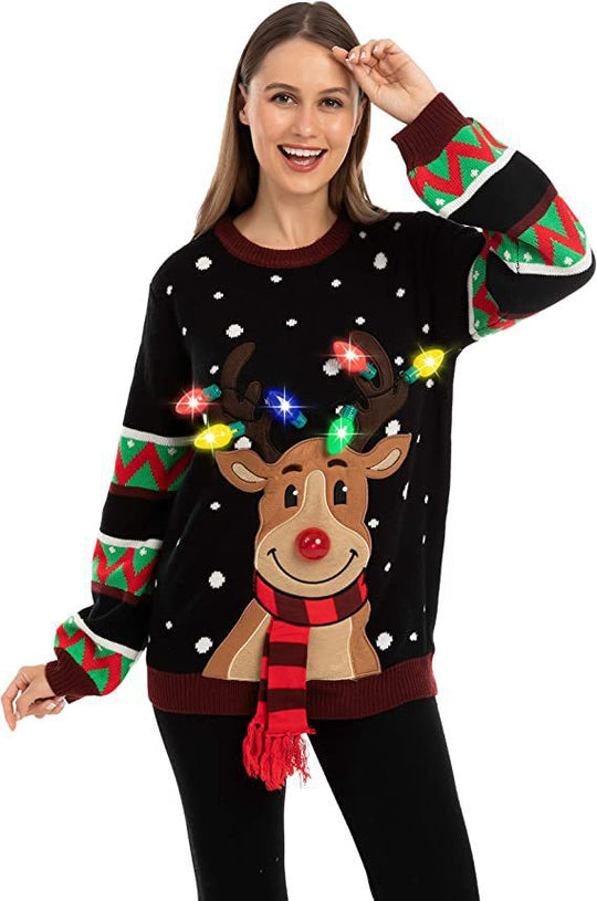 Damen nan weihnachtlicher Strickpullover mit Rentierapplikation integrierter Lichterkette und dreidimensionalem Nasenpompom EB