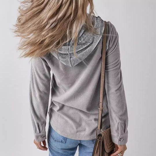 Damen lässige Rippenstruktur Hemdjacke mit Kapuze EB