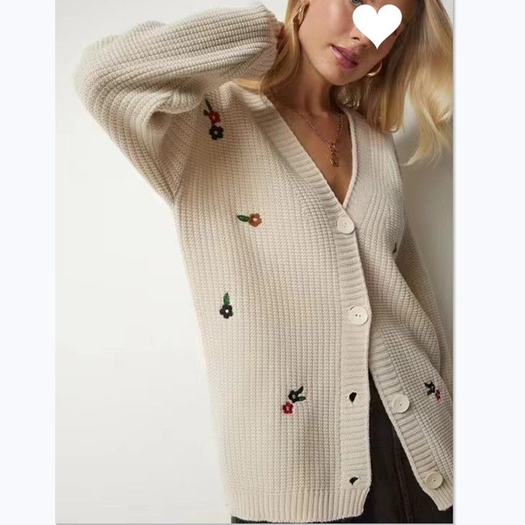 Damen Strickjacke mit floralem Stickdesign und komfortablem Schnitt EB