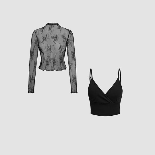 Damen Elegantes transparentes Oberteil mit langem Arm und modischem Top EB