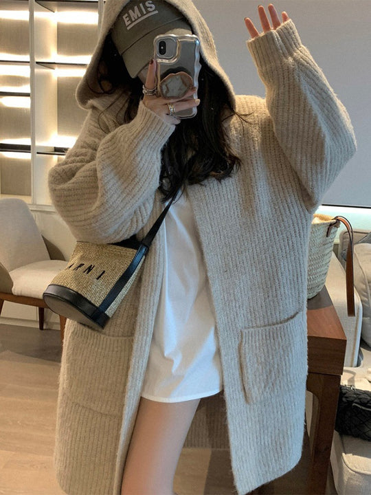 Damen Langer Strickcardigan mit tiefem V-Ausschnitt und Taschen EB