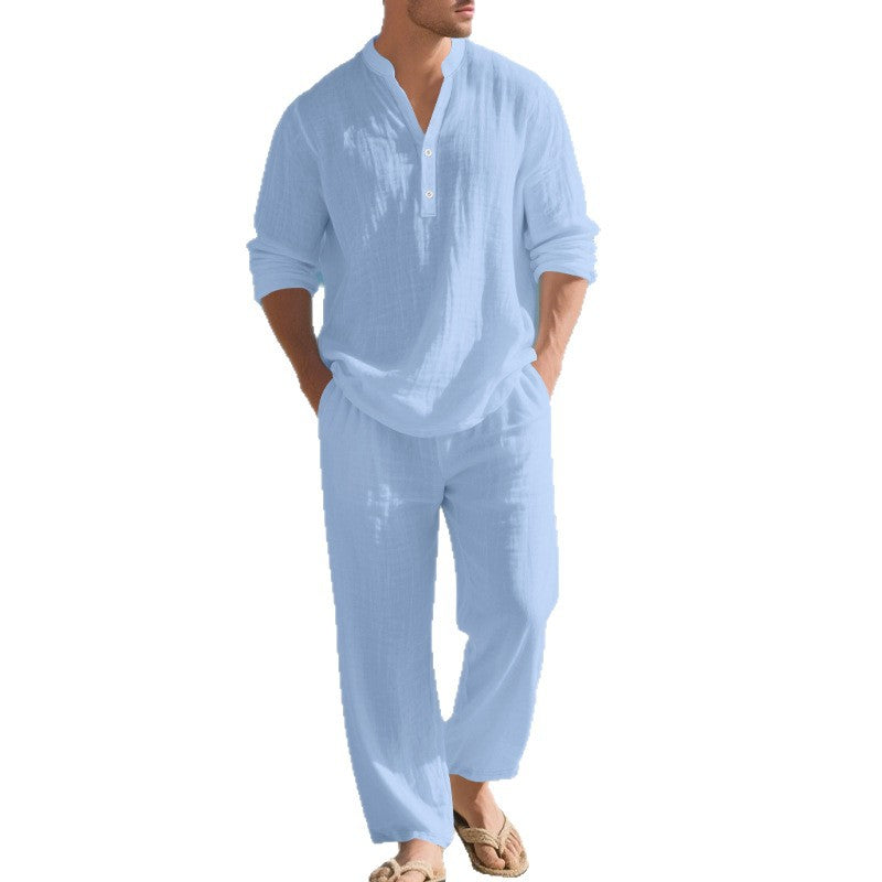 Herren nan legeres Henley-Set aus leichter Leinenoptik mit Stehkragen und elastischer Tunnelzughose EB