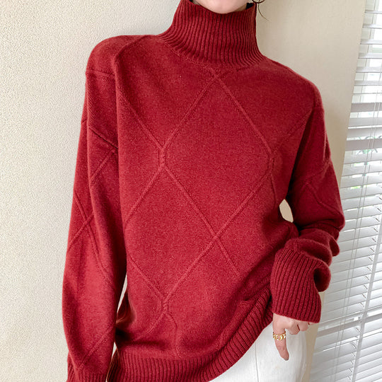 Damen Strickpullover mit hohem Kragen und Rautenmuster EB