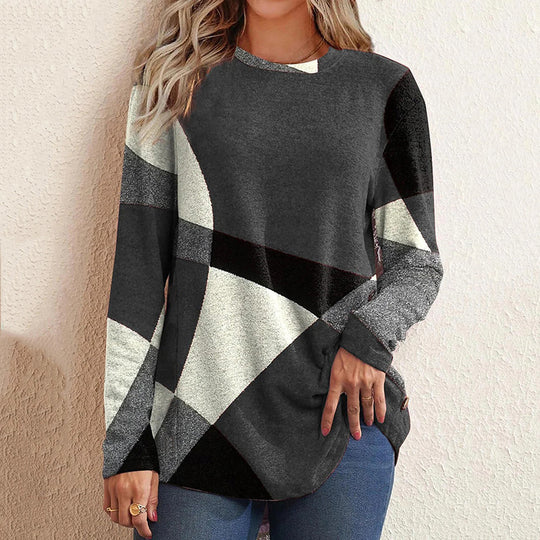 Damen nan Langarmshirt mit grafischem Print, Rundhalsausschnitt und geschwungenem Saum EB