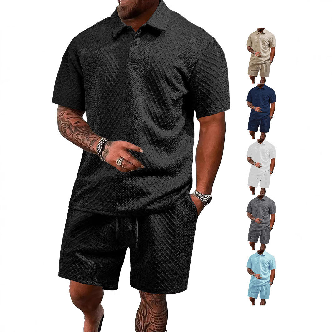 Herren nan geprägtes Waffel-Polo mit Kentkragen und elastischer Tunnelzugshorts im Set EB