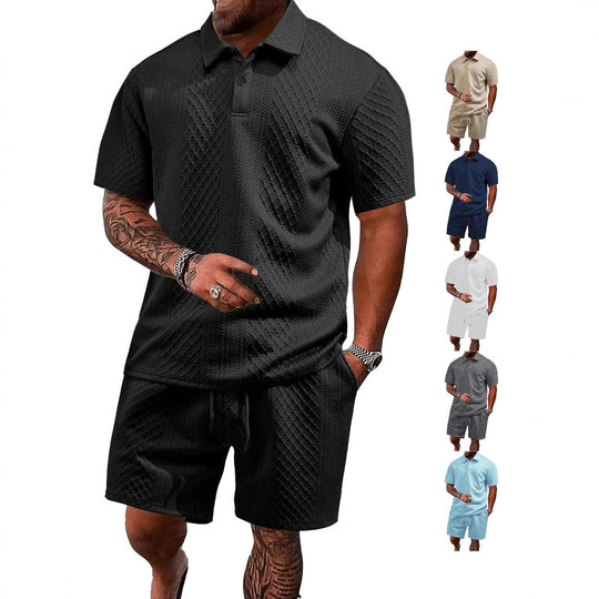 Herren nan geprägtes Waffel-Polo mit Kentkragen und elastischer Tunnelzugshorts im Set EB