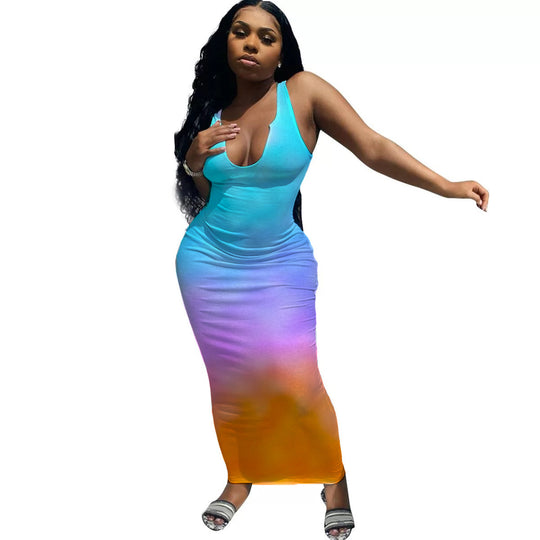 Damen Maxikleid mit tiefem Ausschnitt und Farbverlauf EB