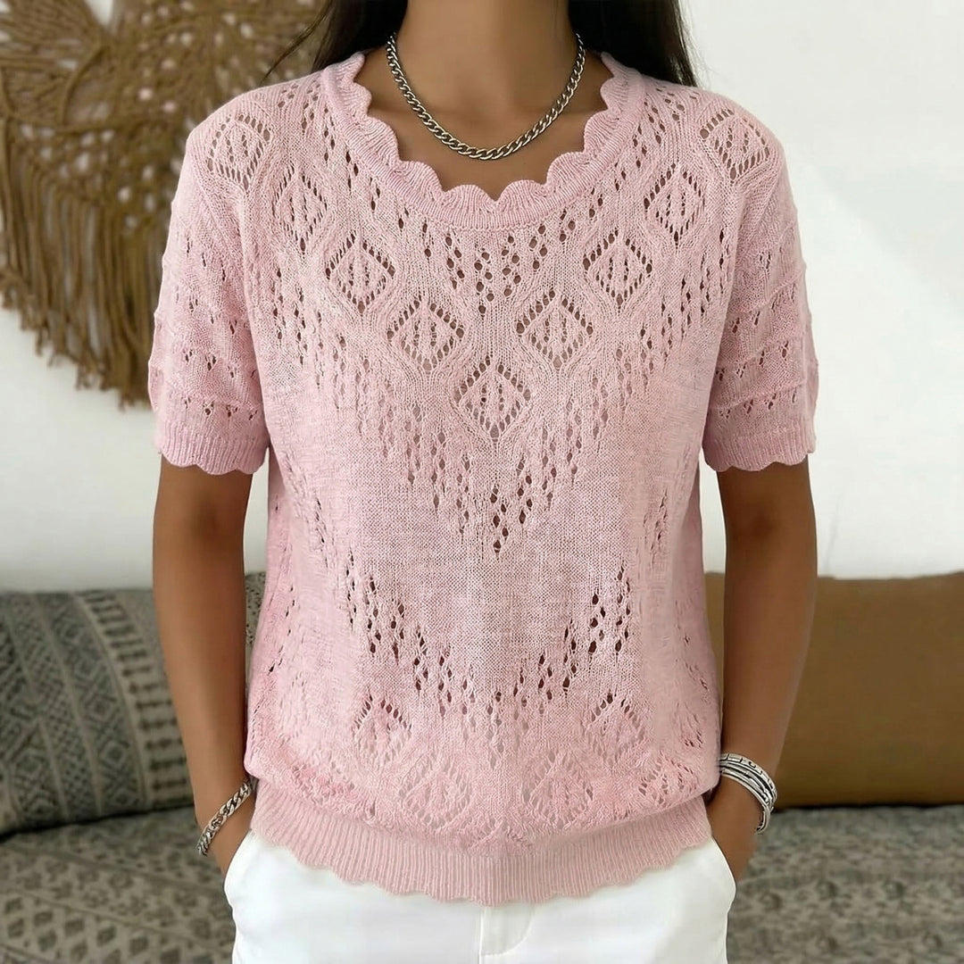 Damen nan kurzärmeliger Spitzenstrickpullover mit Ajourmuster und geschwungenem Ausschnitt EB