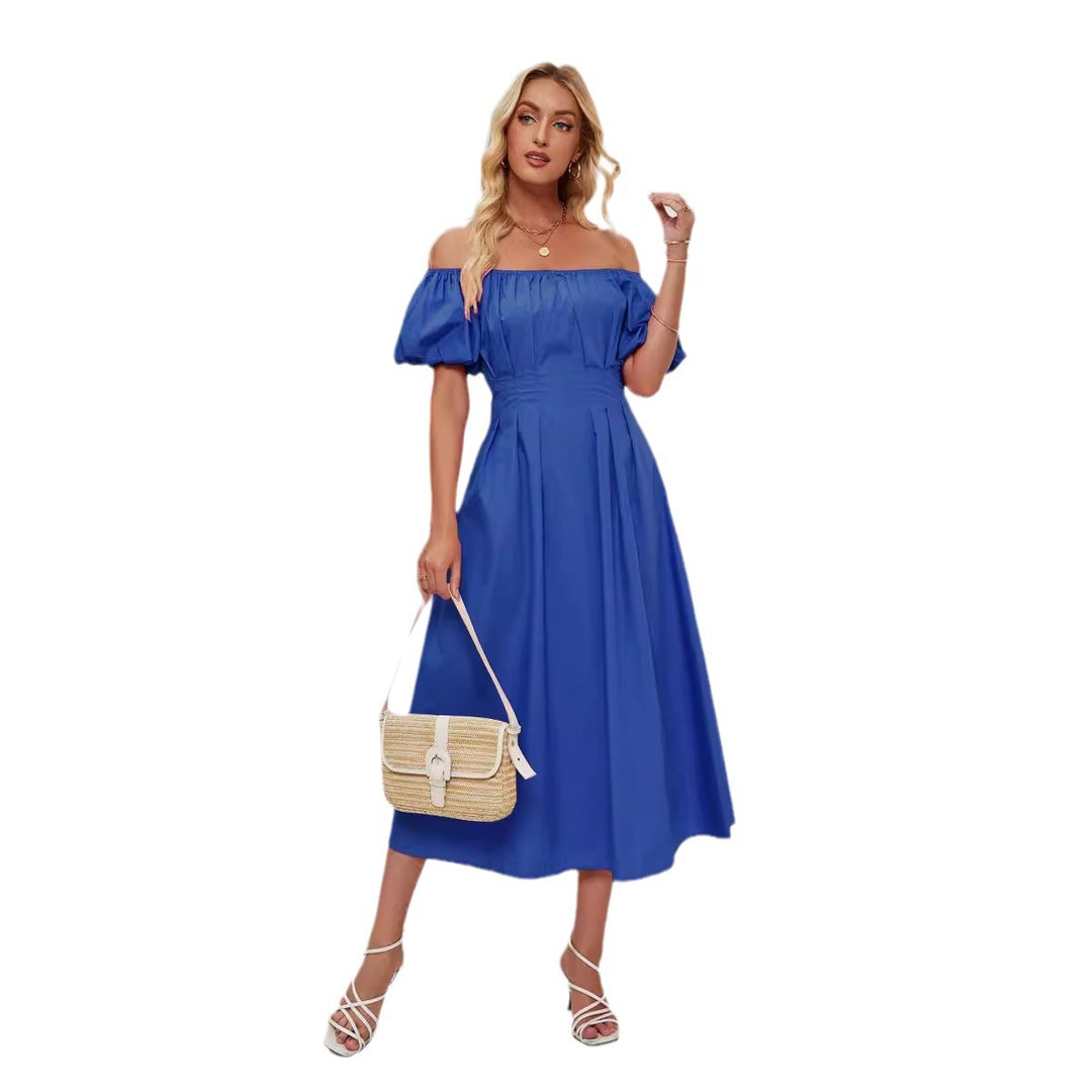 Damen Off-Shoulder Maxikleid mit voluminösen Puffärmeln und seitlichen Taschen EB