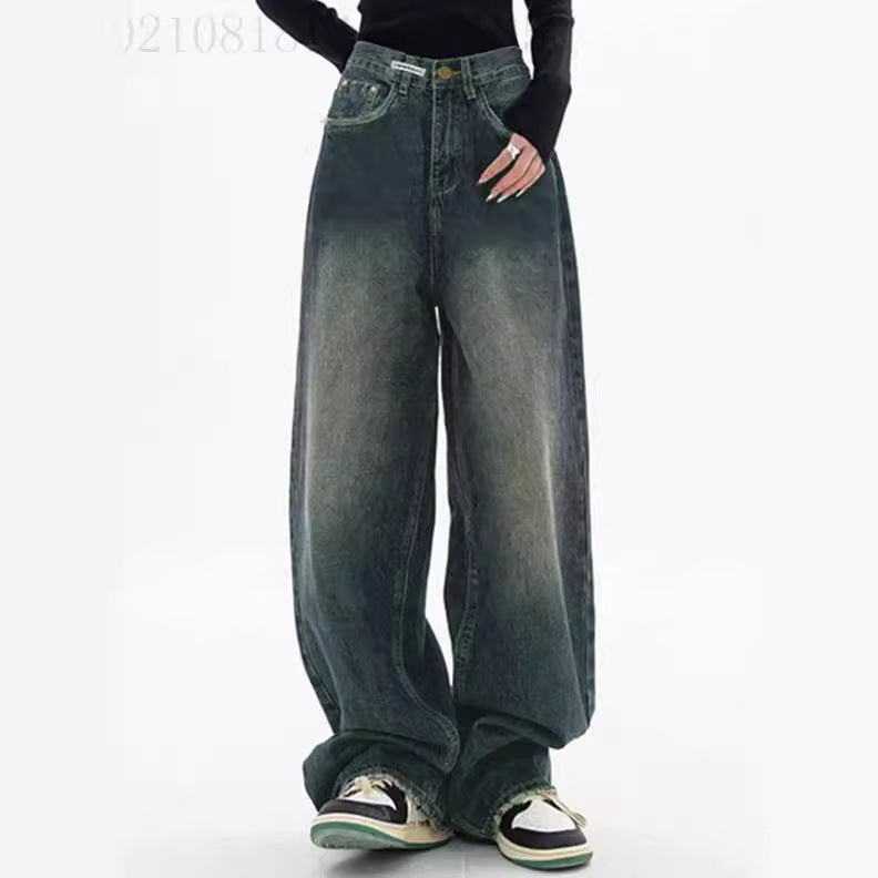 Damen nan hochgeschnittene extraweite Baggy-Jeans mit überlangem Saum und Vintageoptik EB