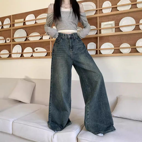 Damen Weite Denim-Hose mit hohem Bund und lässiger Passform EB