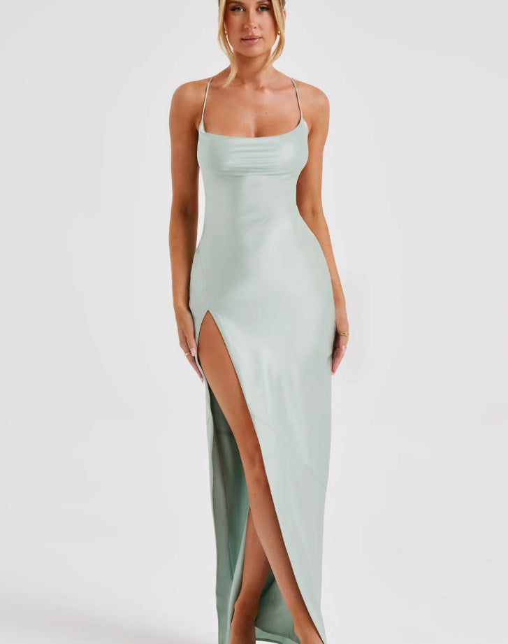 Damen Elegantes Maxikleid mit hochhängendem Schlitz und schmalem Trägerdesign EB