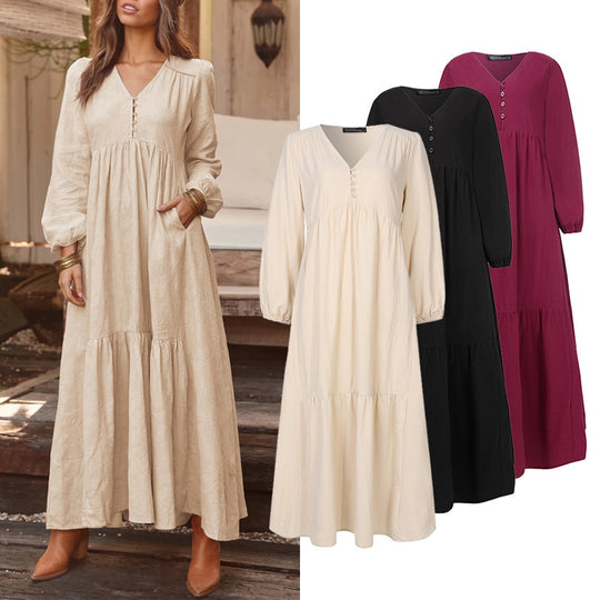 Damen nan luftiges Maxikleid mit V-Ausschnitt, Langarm und Eingrifftaschen EB