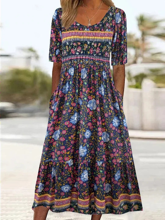 EB | Rundhalsausschnitt Kurzarm Bohemian Print Kleid Frauen