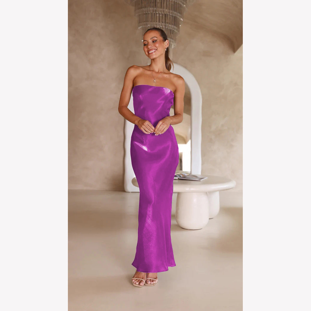 Damen Elegantes Bandeau-Maxikleid mit fließendem Satin und körpernaher Silhouette EB