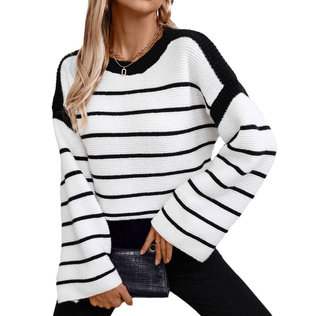 Damen lässiger Strickpullover mit blockierendem Streifenmuster und weitem Schnitt EB