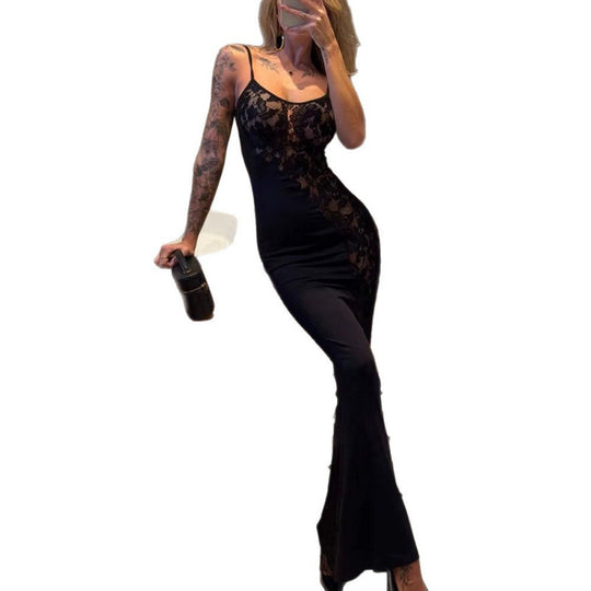 Damen Elegantes Spitzen-Maxi-Kleid mit Spaghettiträgern und figurbetonendem Schnitt EB