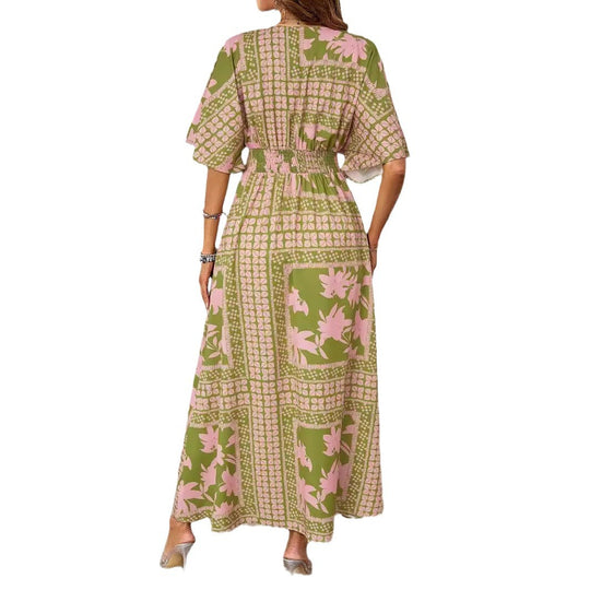Damen Maxikleid im Boho-Stil mit tiefem V-Ausschnitt und seitlichem Schlitz EB