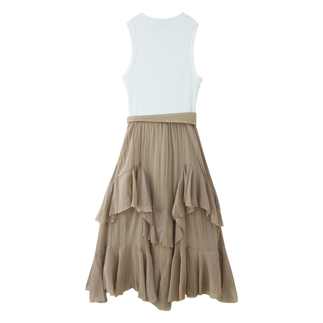 Damen Maxikleid mit raffiniertem Rüschendesign und elegantem Gürtel EB