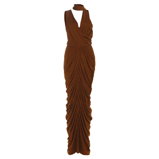 Damen Elegantes Maxikleid mit raffinierten Drapierungen und schickem Halter-Ausschnitt EB