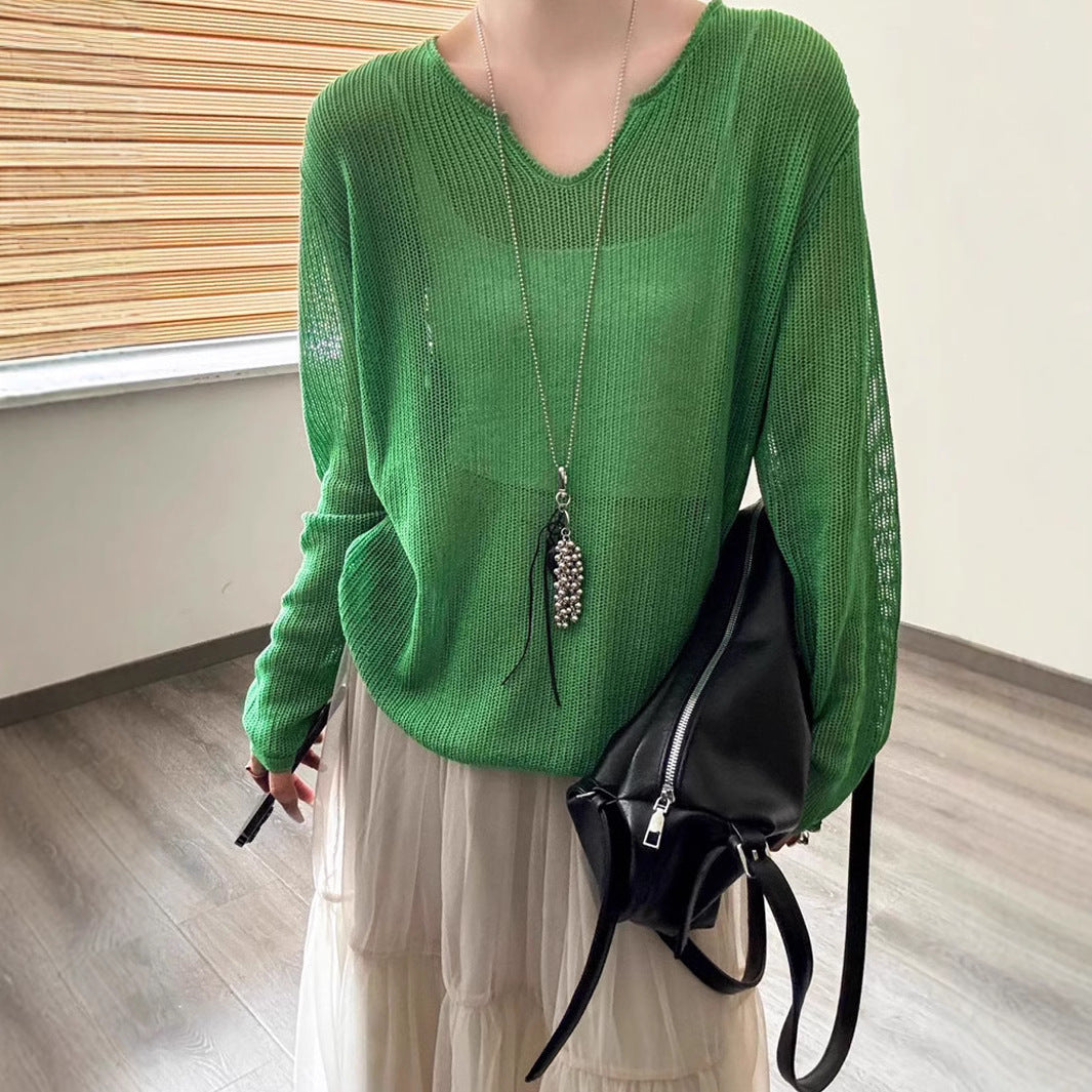 Damen luftiger Strickpullover mit V-Ausschnitt und lässigem Schnitt EB