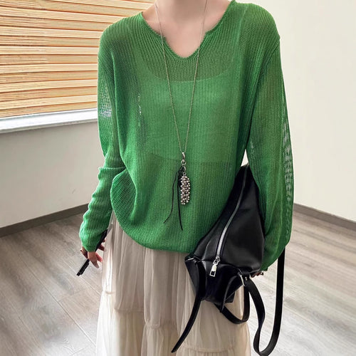 Damen luftiger Strickpullover mit V-Ausschnitt und lässigem Schnitt EB