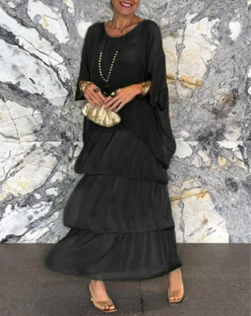 Damen nan bodenlanges Stufenkleid mit weiten Fledermausärmeln und lockerer Silhouette EB