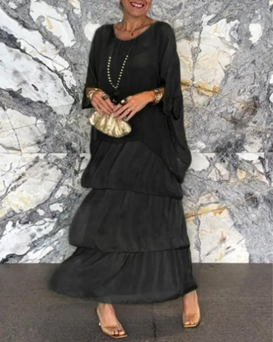 Damen nan bodenlanges Stufenkleid mit weiten Fledermausärmeln und lockerer Silhouette EB