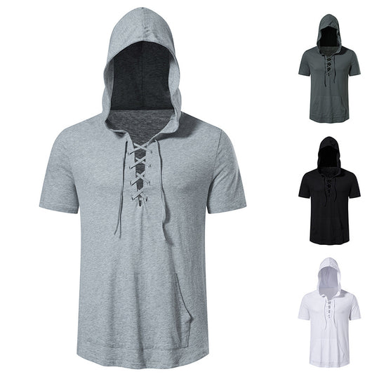 Herren Kurzarm-Hoodie mit lässigem Lacing-Design und praktischer Kängurutasche EB