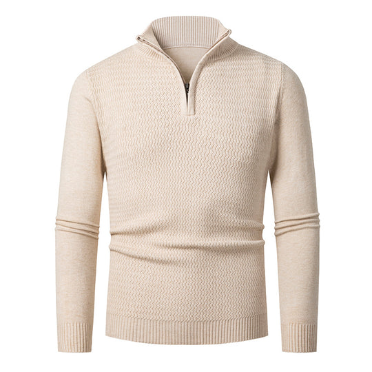 Herren nan Feinstrick-Halbzip-Pullover mit strukturierter Wellenoptik und Stehkragen EB