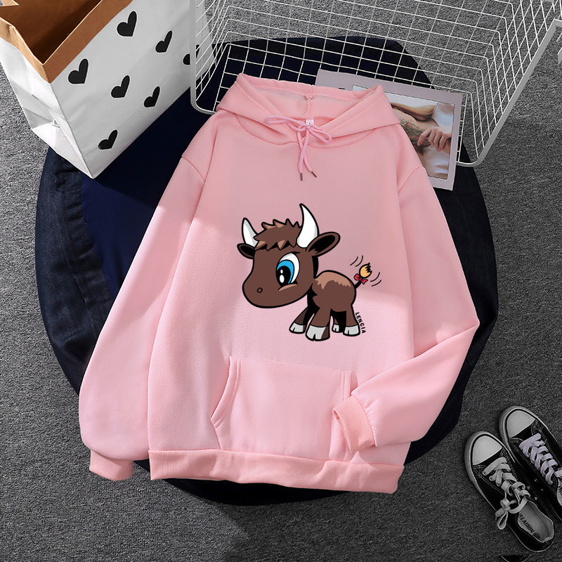 Damen nan Kapuzenpullover mit charmantem Stier-Karikaturprint, Kängurutasche und entspanntem Oversize-Schnitt EB