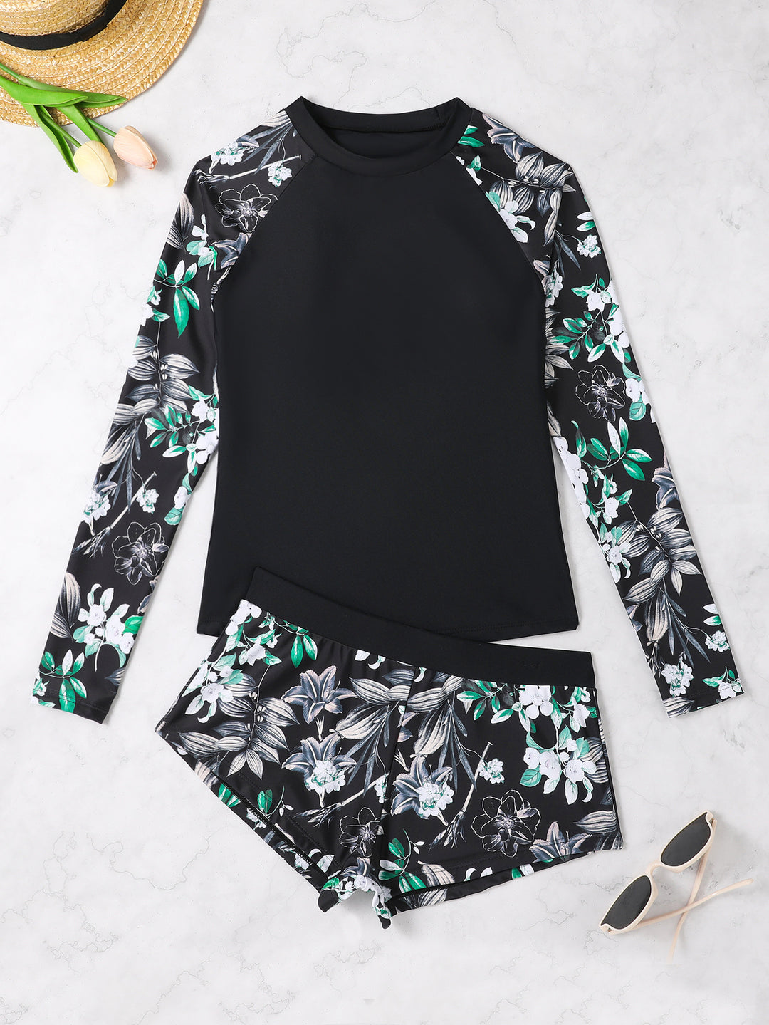 Damen Langarm Rashguard mit floralem Muster EB