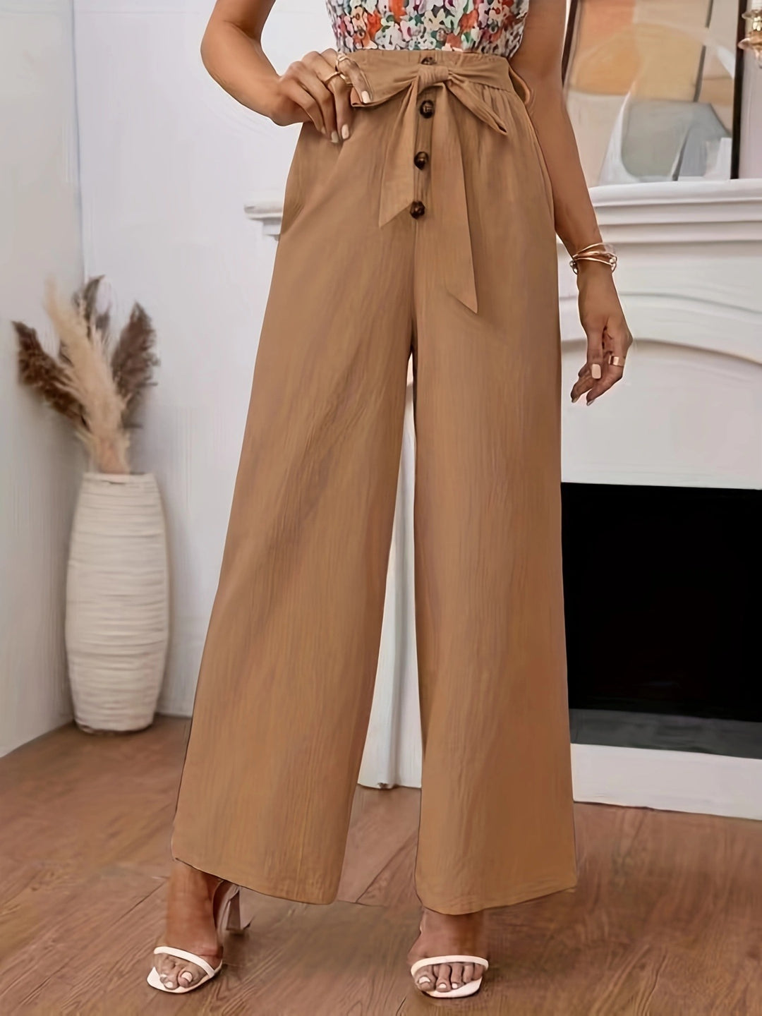 Damen weite Hochbundhose mit Bindegürtel und Knopfdetail EB