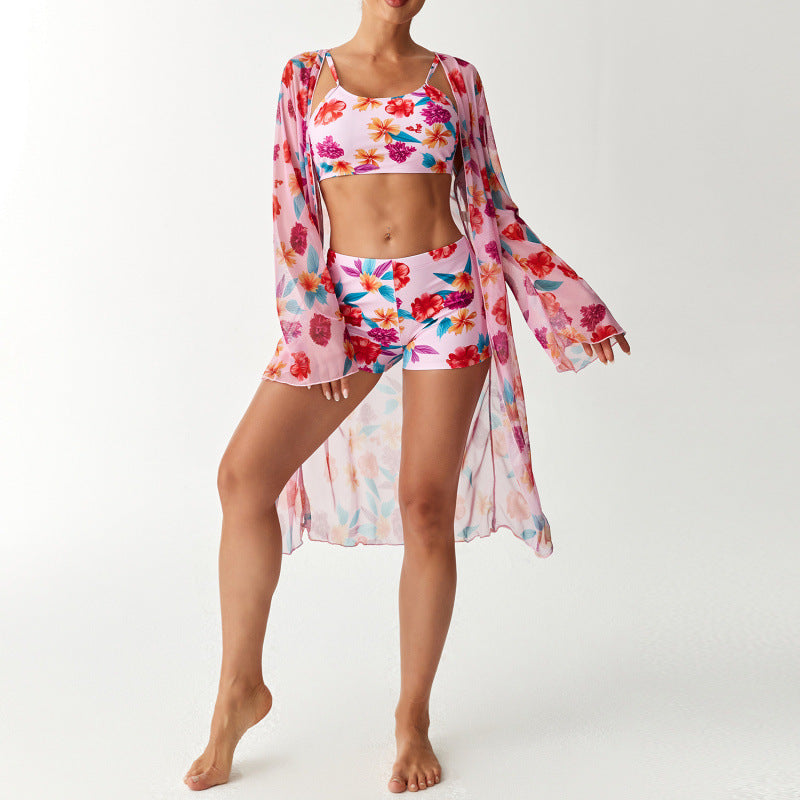 Damen Strandüberwurf mit floralem Design und hohem Schnitt EB
