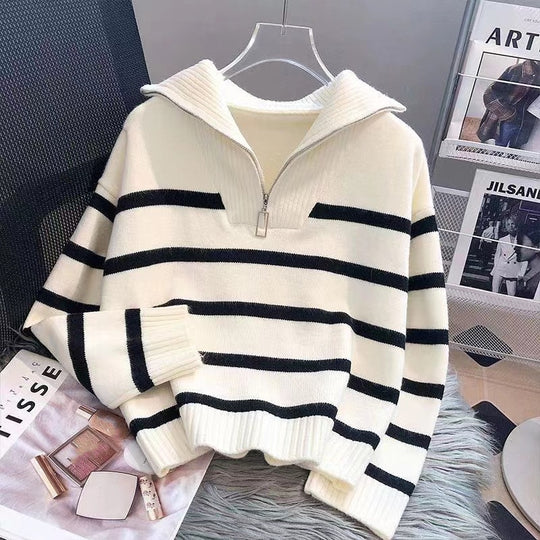 Damen Gestreifter Halb-Reißverschluss Strickpullover mit Rippenkragen EB