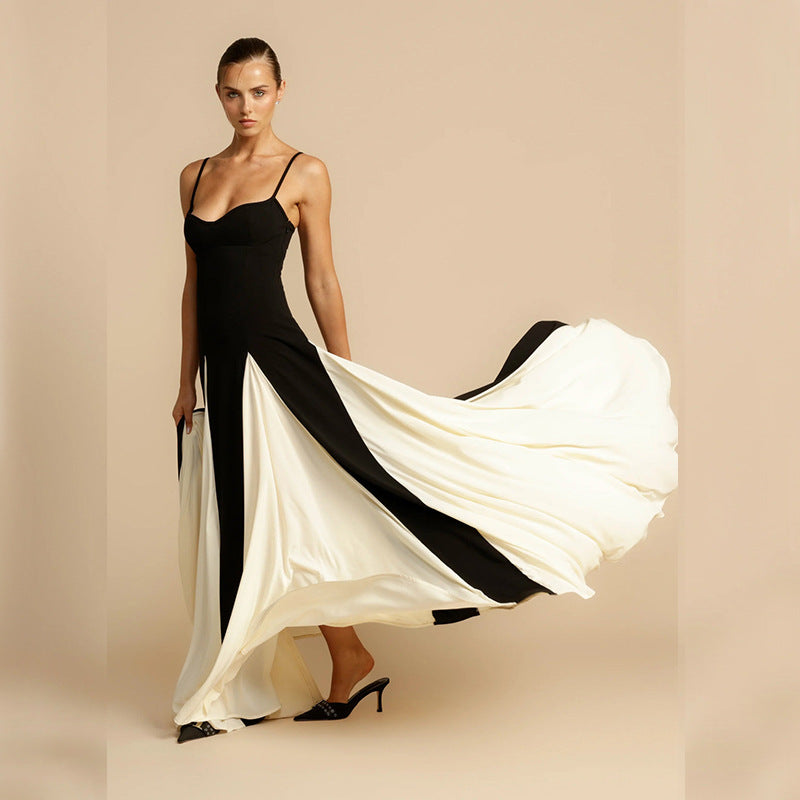 Damen Elegantes Maxikleid mit kontrastrierenden Stoffbahnen und schmalen Trägern EB