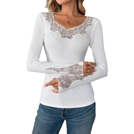 Damen Elegantes Shirt mit floralen Spitzenapplikationen und funkelnden Details EB