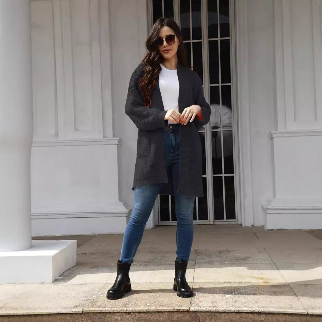 Damen lässiger Strickcardigan mit offenen Taschen und modernem Waffelmuster EB