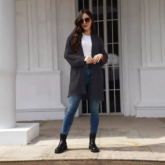 Damen lässiger Strickcardigan mit offenen Taschen und modernem Waffelmuster EB